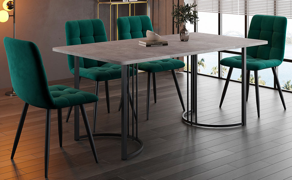 5-Piece Dining Set Modern 140x80cm Table Black Metal Legs - Grey MDF Dark Green Velvet