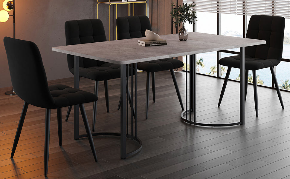 Dining Set 5-Piece, Modern 140x80cm Table Black Metal Legs & 4 Velvet Chairs, Grey/Black MDF