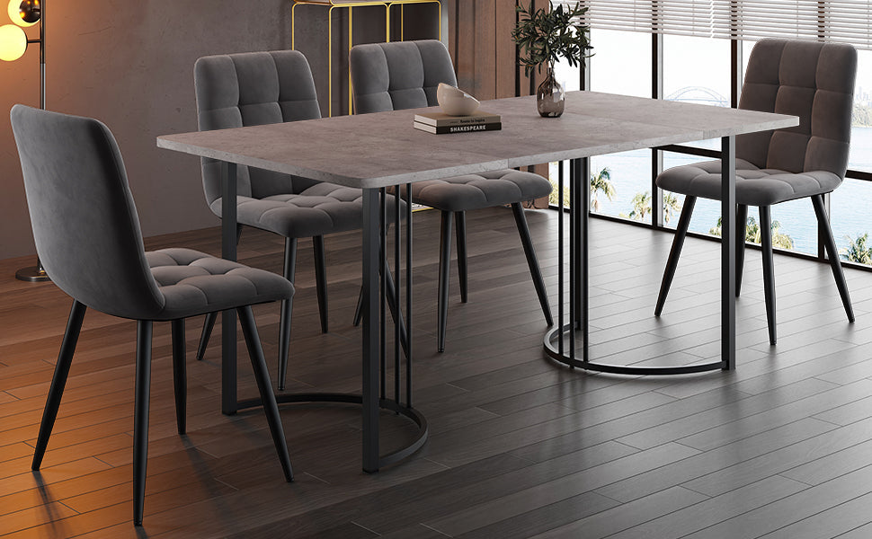 5-Piece Dining Set Modern 140x80cm Kitchen Table with Black Metal Legs Grey MDF Dark Grey Velvet