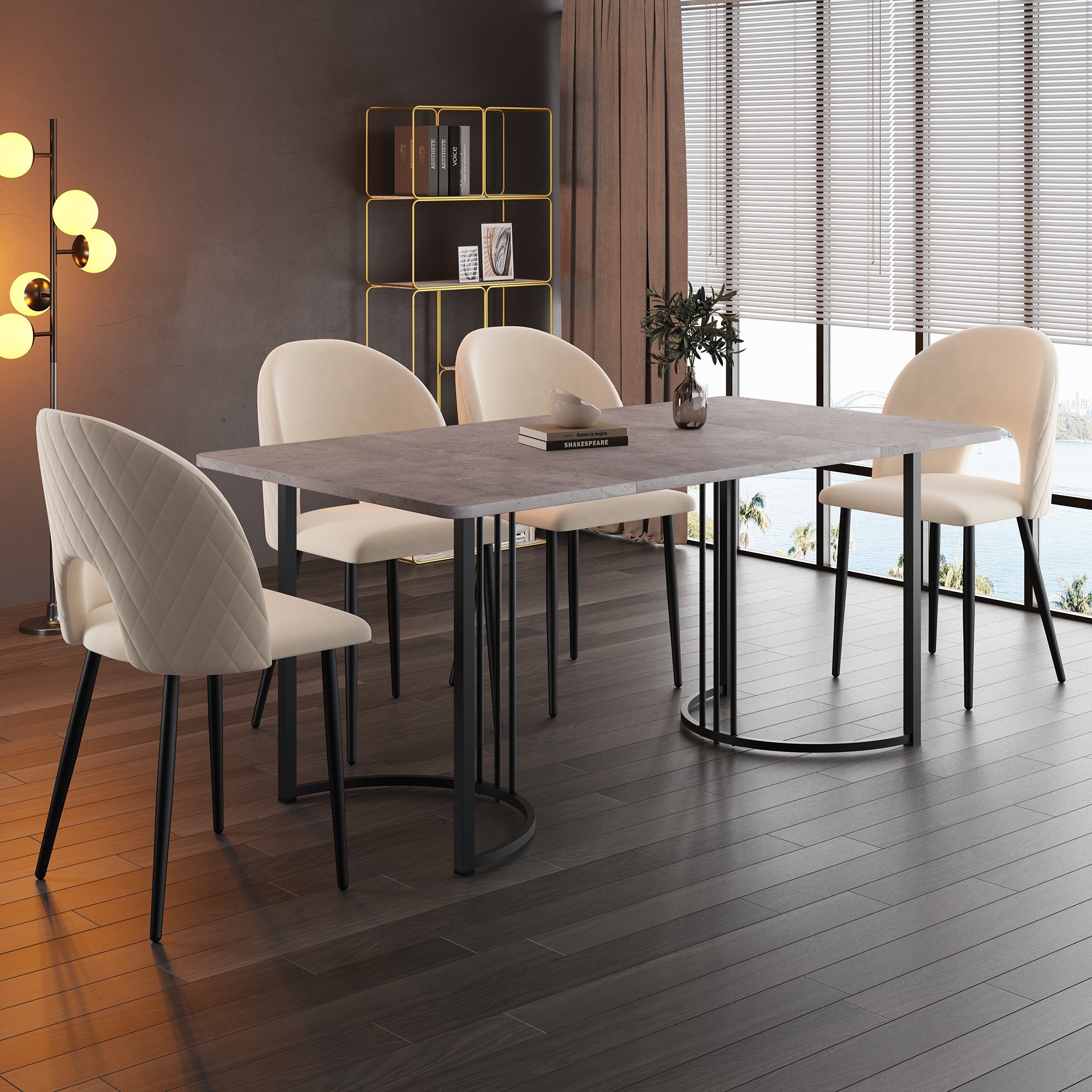 Dining Set, 140x80cm Table with 4 Velvet Chairs, Beige & Gray
