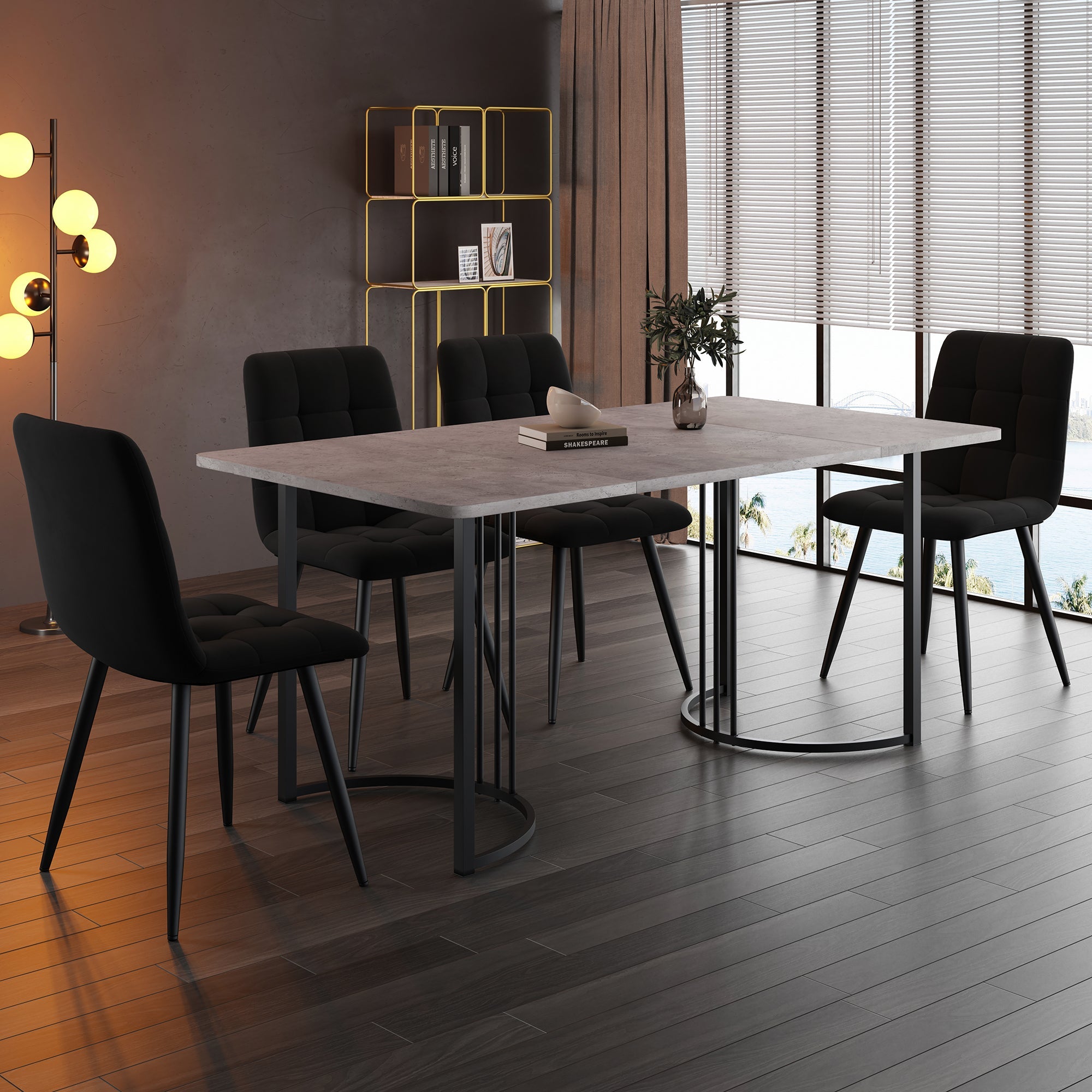 Dining Set 5-Piece, Modern 140x80cm Table Black Metal Legs & 4 Velvet Chairs, Grey/Black MDF