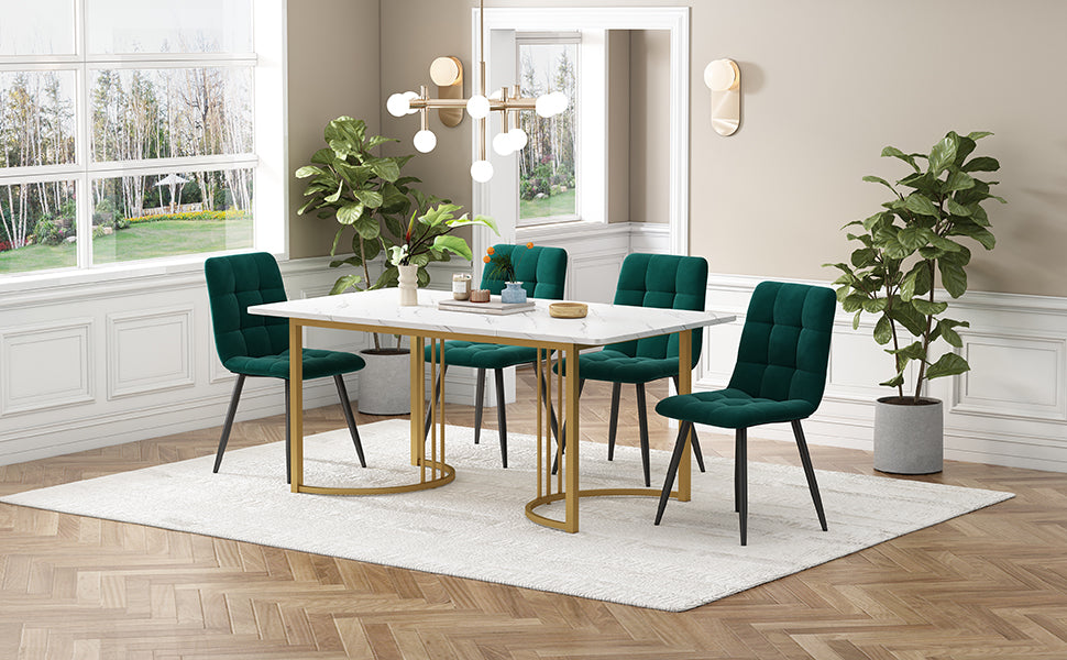 5-Piece Dining Set Modern 140x80cm Table 4 Chairs Gold Metal White MDF/Dark Green Velvet