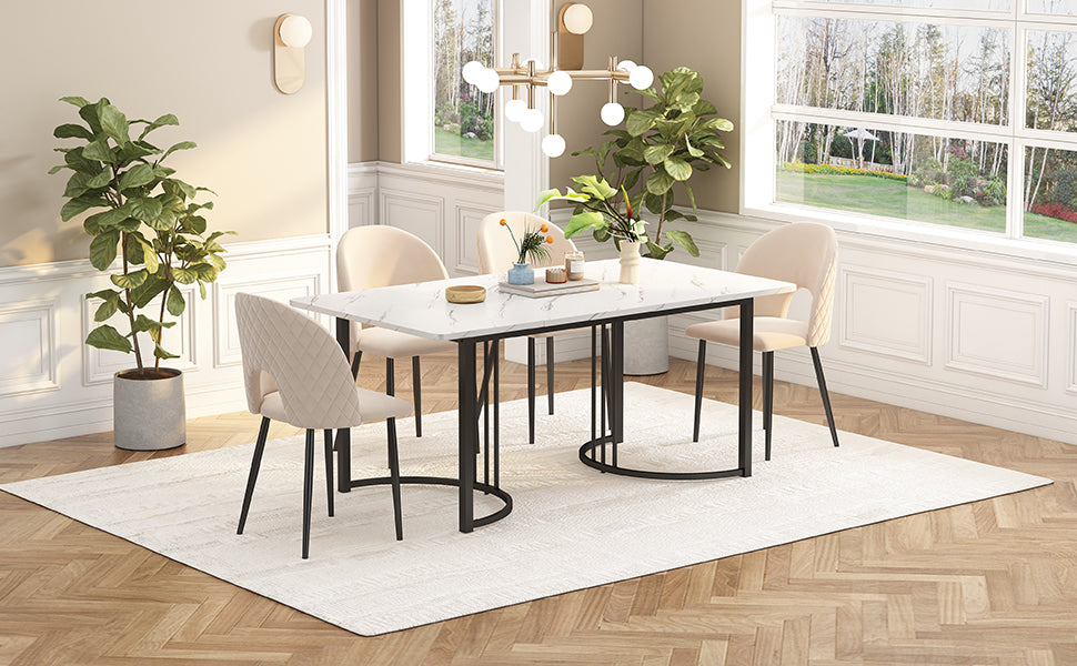 Dining Set, 140x80cm Table with 4 Chairs, Beige Velvet & White MDF