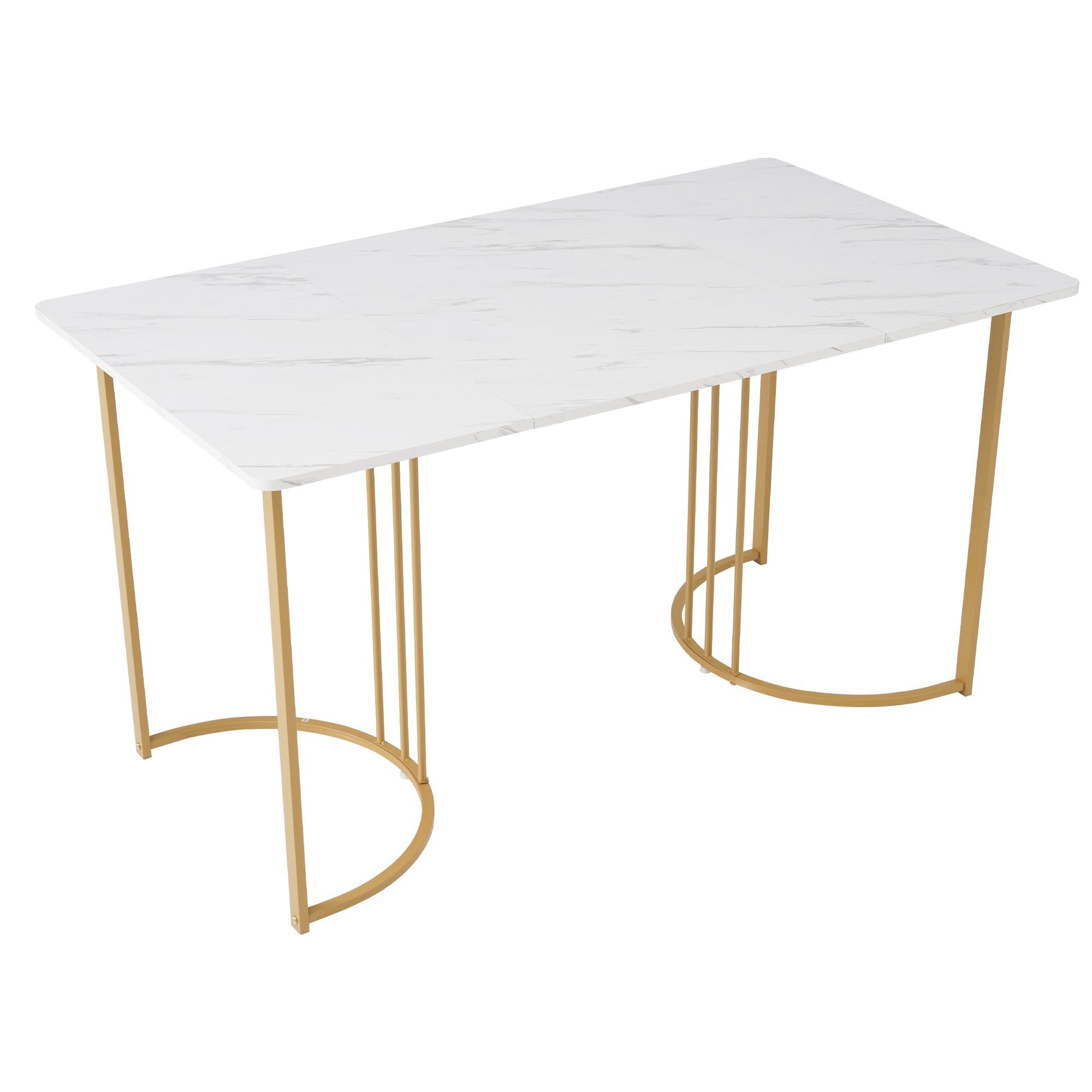 140 x 80cm Dining Table, Modern Rectangular Marble Pattern with Adjustable Metal Legs, White/Gold