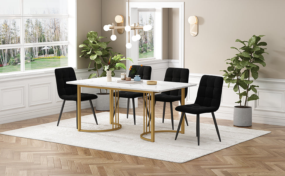 5-Piece Dining Set 140x80cm Table 4 Chairs Gold Metal Legs White MDF/Black Velvet