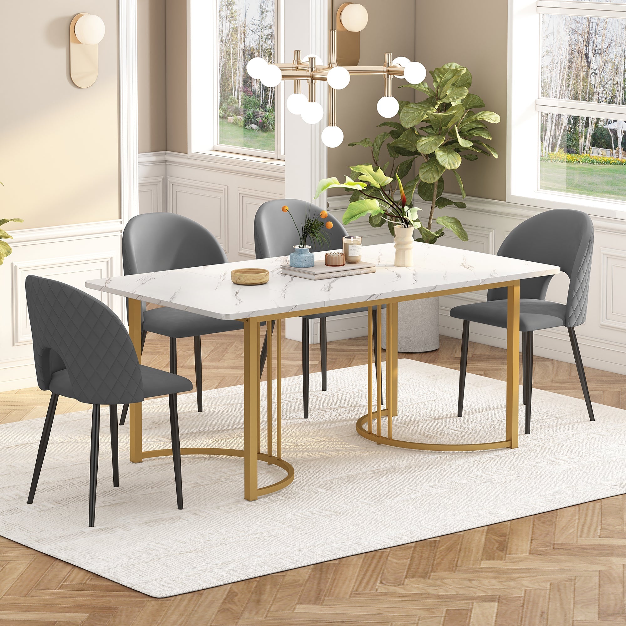 Dining Set, 140x80cm Table with 4 Chairs, Velvet Gray & White MDF