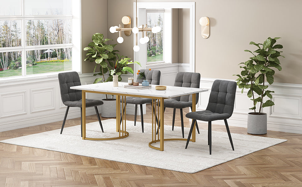 Dining Set 5-Piece Modern Kitchen Table 140x80cm Gold Metal Legs White & Dark Grey Velvet