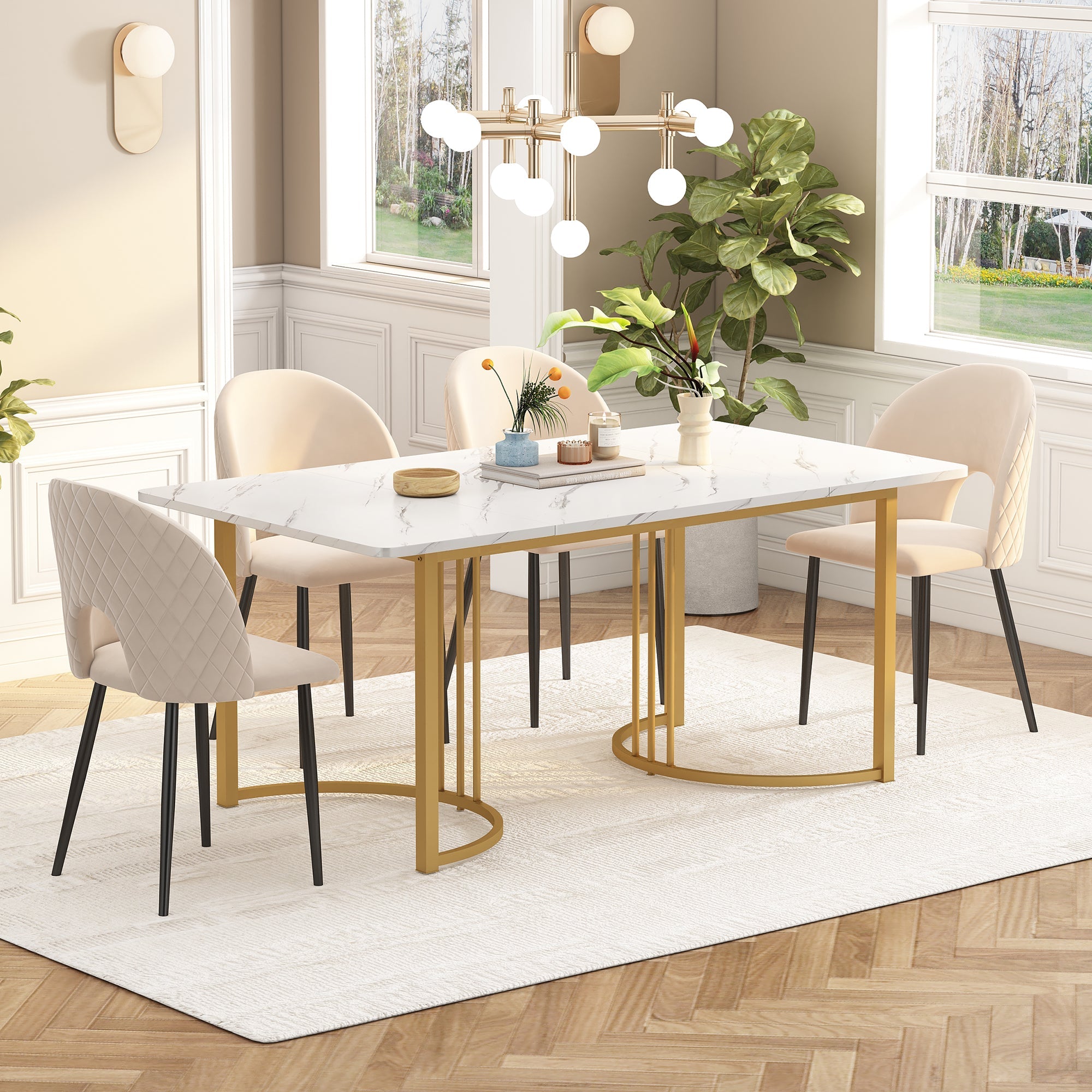 Dining Set, 140×80cm with 4 Chairs, Velvet & MDF, Beige/White/Gold