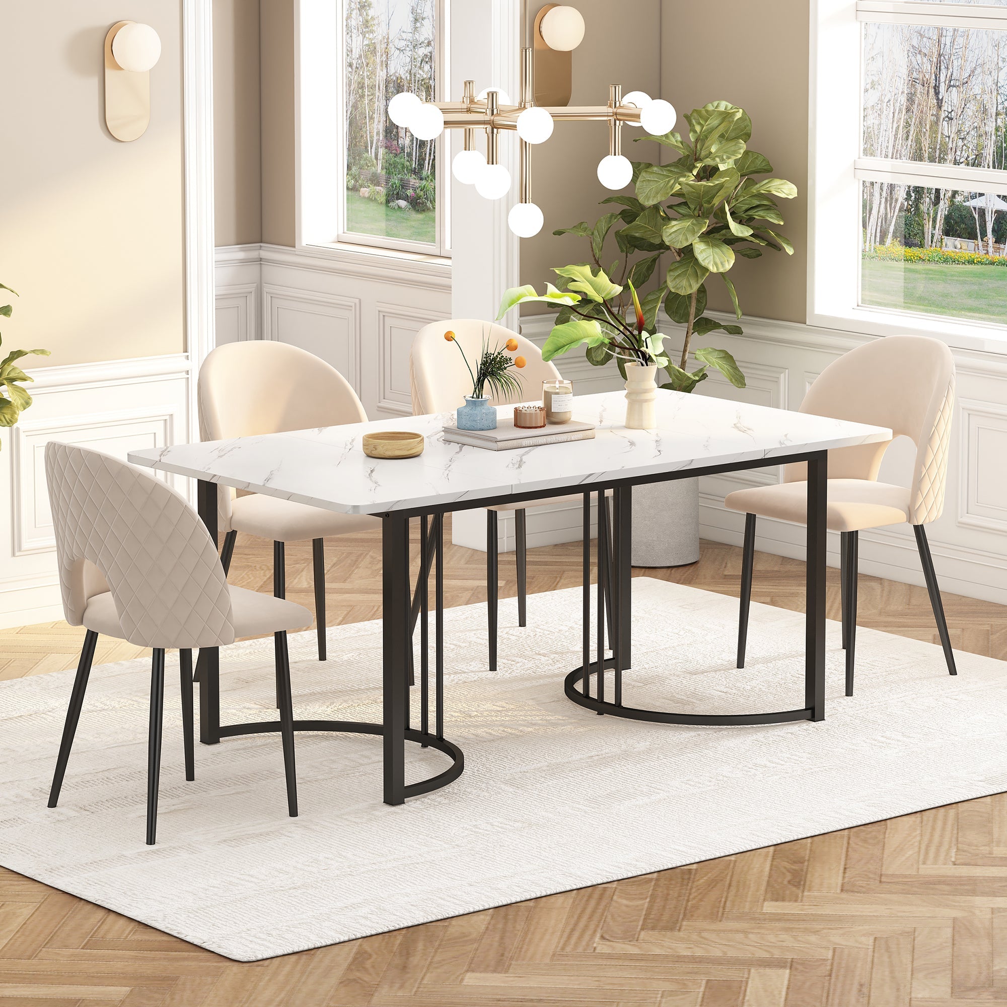 Dining Set, 140x80cm Table with 4 Chairs, Beige Velvet & White MDF