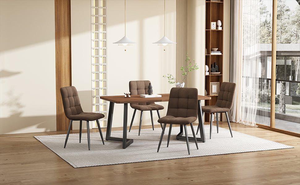 5-Piece Dining Set Modern Kitchen Table with 4 Chairs Black Metal, Walnut MDF & Brown Velvet