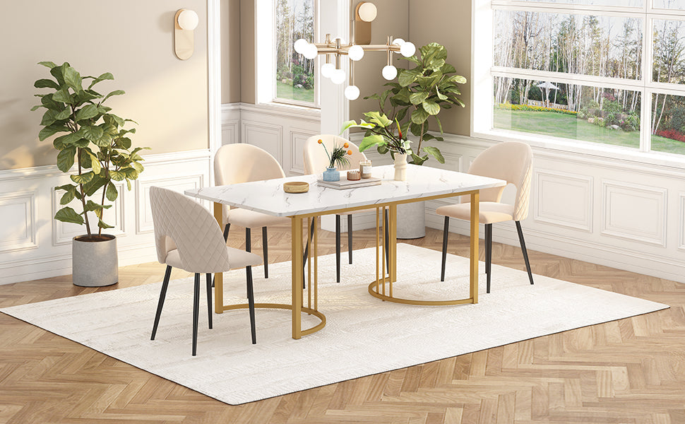 Dining Set, 140×80cm with 4 Chairs, Velvet & MDF, Beige/White/Gold