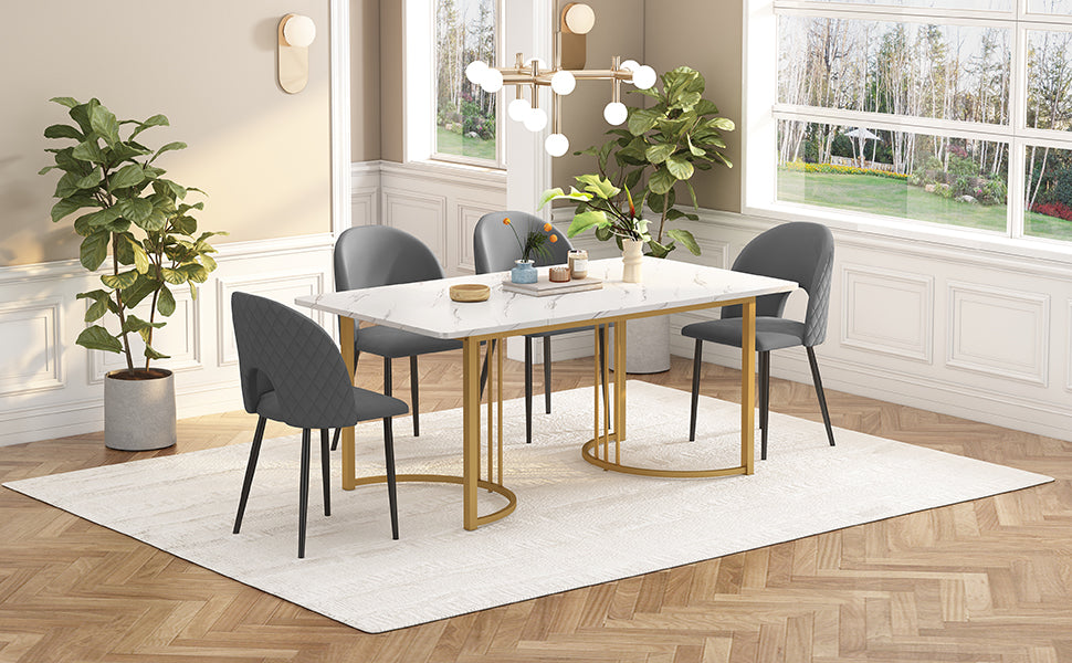 Dining Set, 140x80cm Table with 4 Chairs, Velvet Gray & White MDF