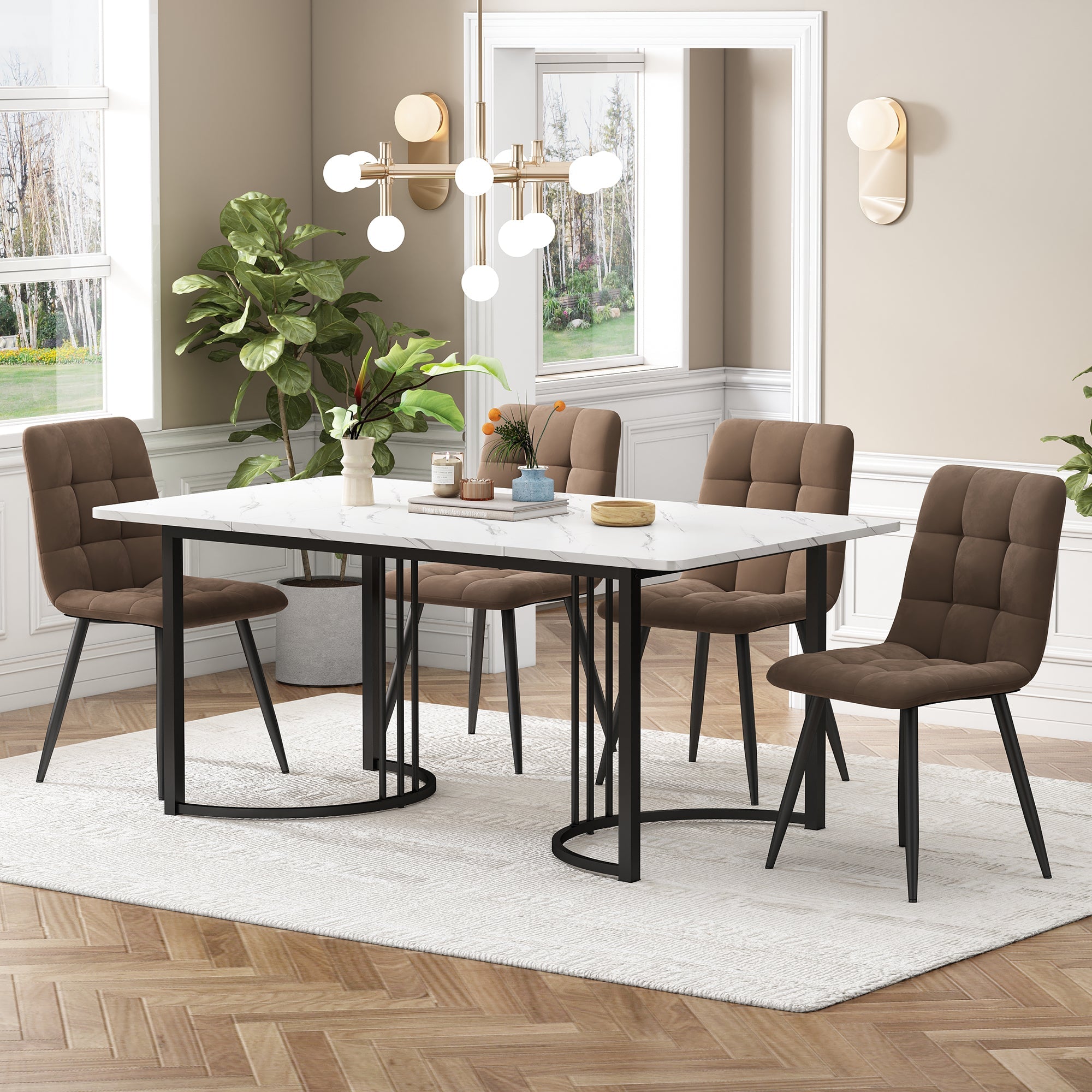 5-Piece Dining Set 140x80cm Modern Kitchen Table 4 Chairs White MDF/Brown Velvet