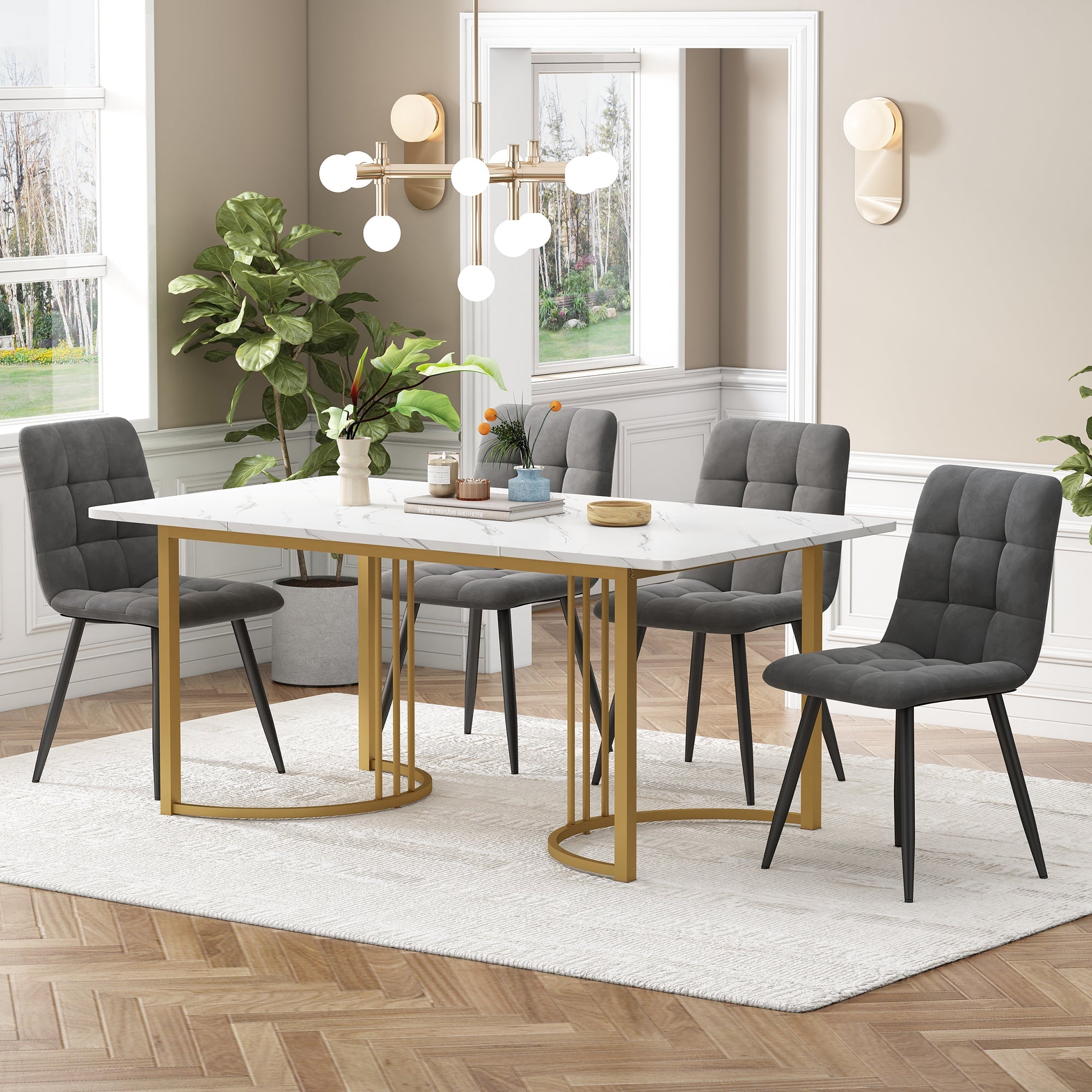 Dining Set 5-Piece Modern Kitchen Table 140x80cm Gold Metal Legs White & Dark Grey Velvet