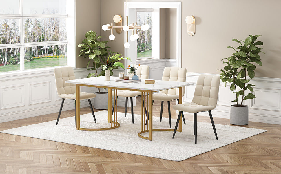 5-Piece Dining Set 140x80cm Modern Kitchen Table White MDF Beige Velvet