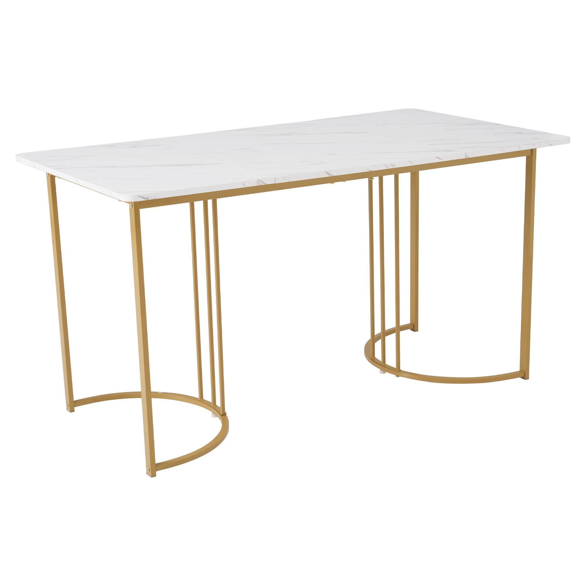 140 x 80cm Dining Table, Modern Rectangular Marble Pattern with Adjustable Metal Legs, White/Gold