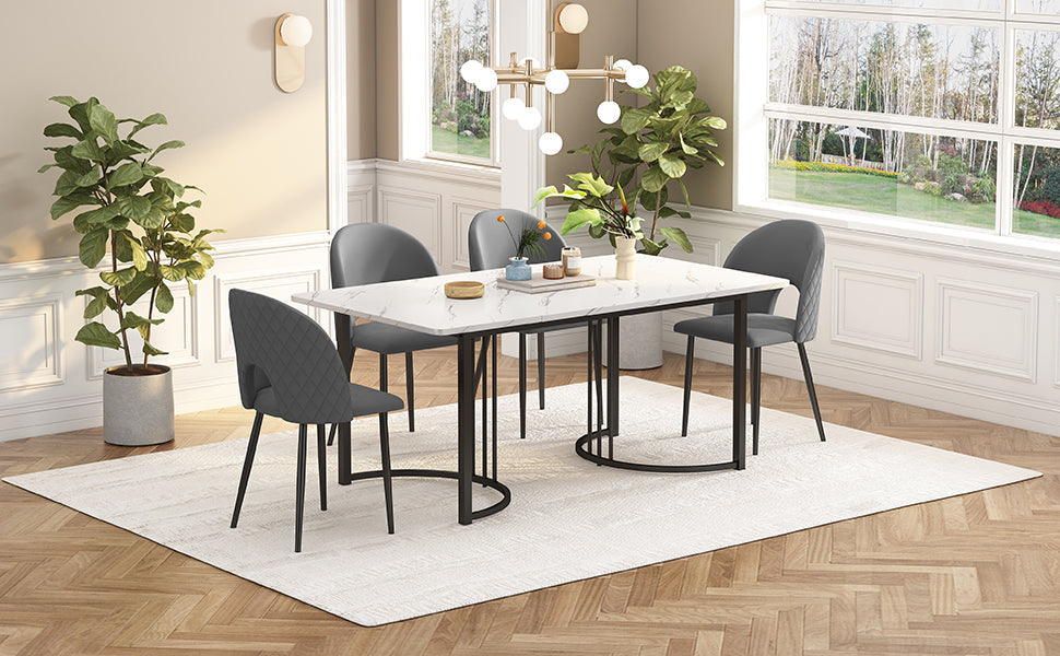 Dining Set, 140x80cm with 4 Chairs, Velvet, Gray/White/Black