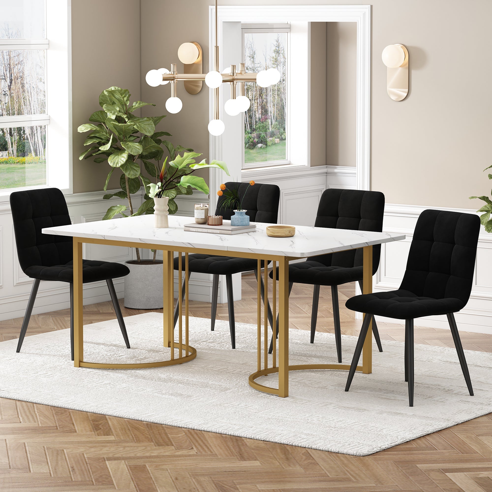 5-Piece Dining Set 140x80cm Table 4 Chairs Gold Metal Legs White MDF/Black Velvet