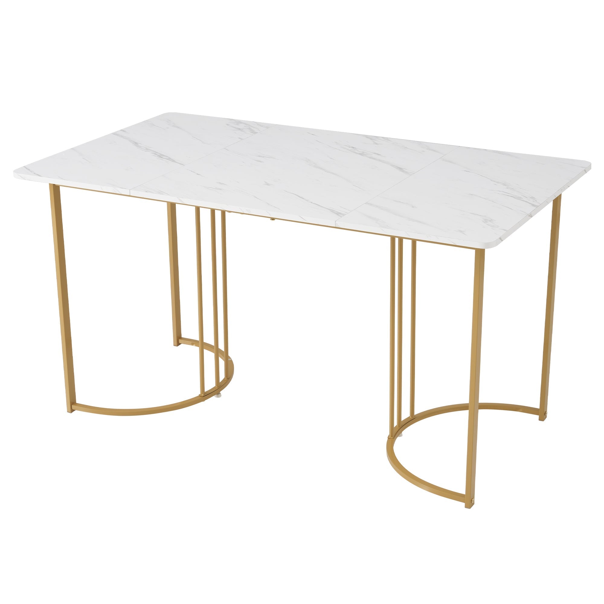 5-Piece Dining Set 140x80cm Table 4 Chairs Gold Metal Legs White MDF Dark Grey Linen