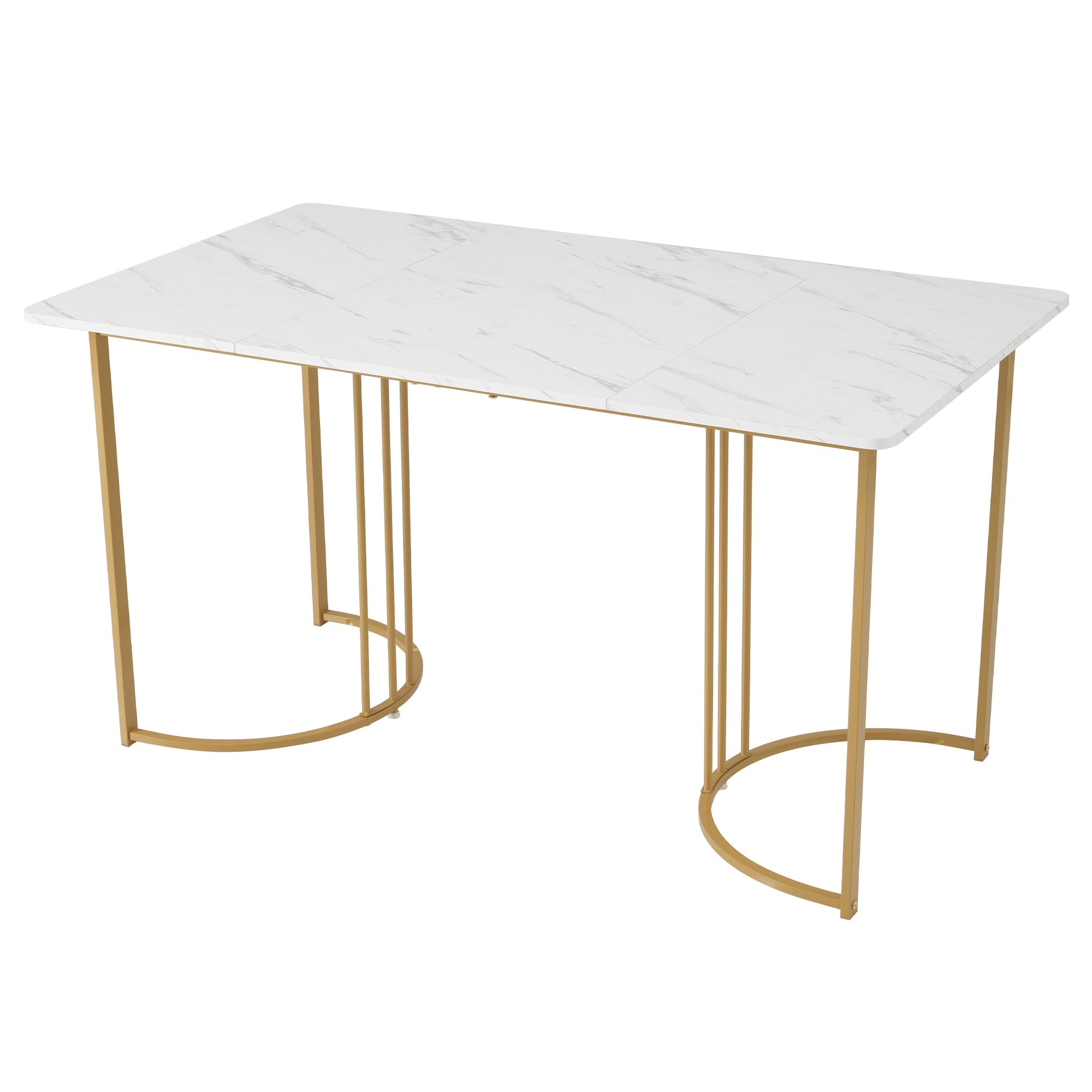 140 x 80cm Dining Table, Modern Rectangular Marble Pattern with Adjustable Metal Legs, White/Gold