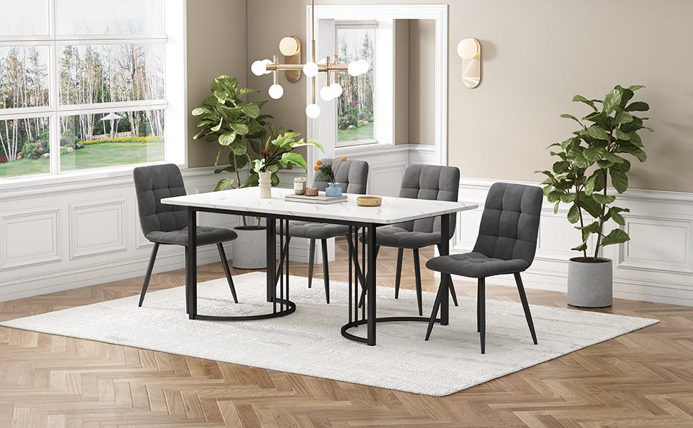 5-Piece Dining Set 140x80cm Modern Black Metal Legs White MDF Dark Grey Velvet Chairs