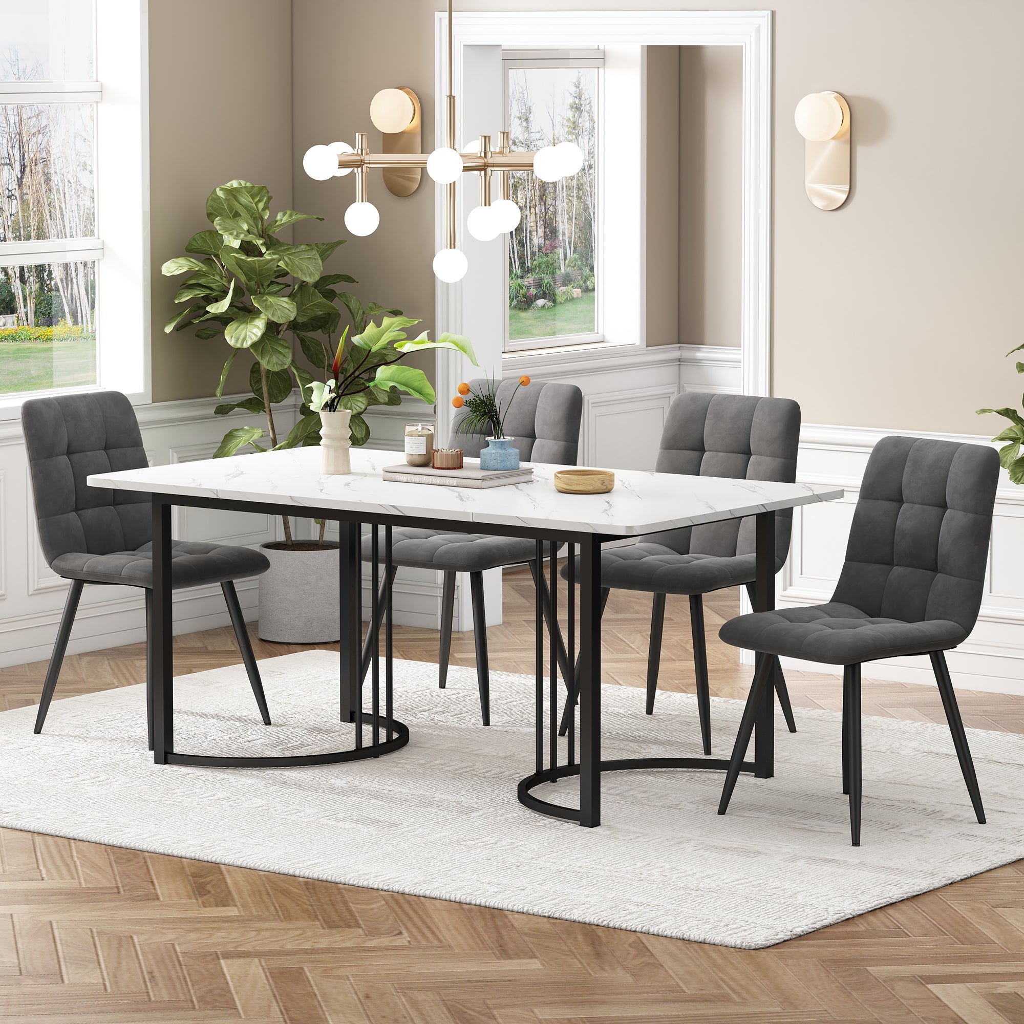 5-Piece Dining Set 140x80cm Modern Black Metal Legs White MDF Dark Grey Velvet Chairs