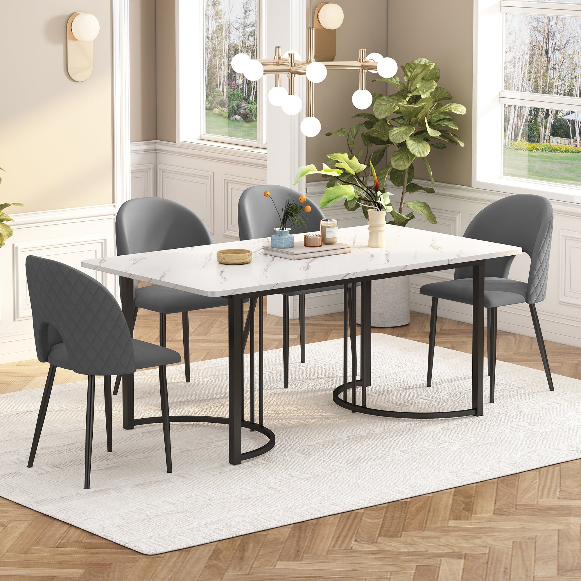 Dining Set, 140x80cm with 4 Chairs, Velvet, Gray/White/Black