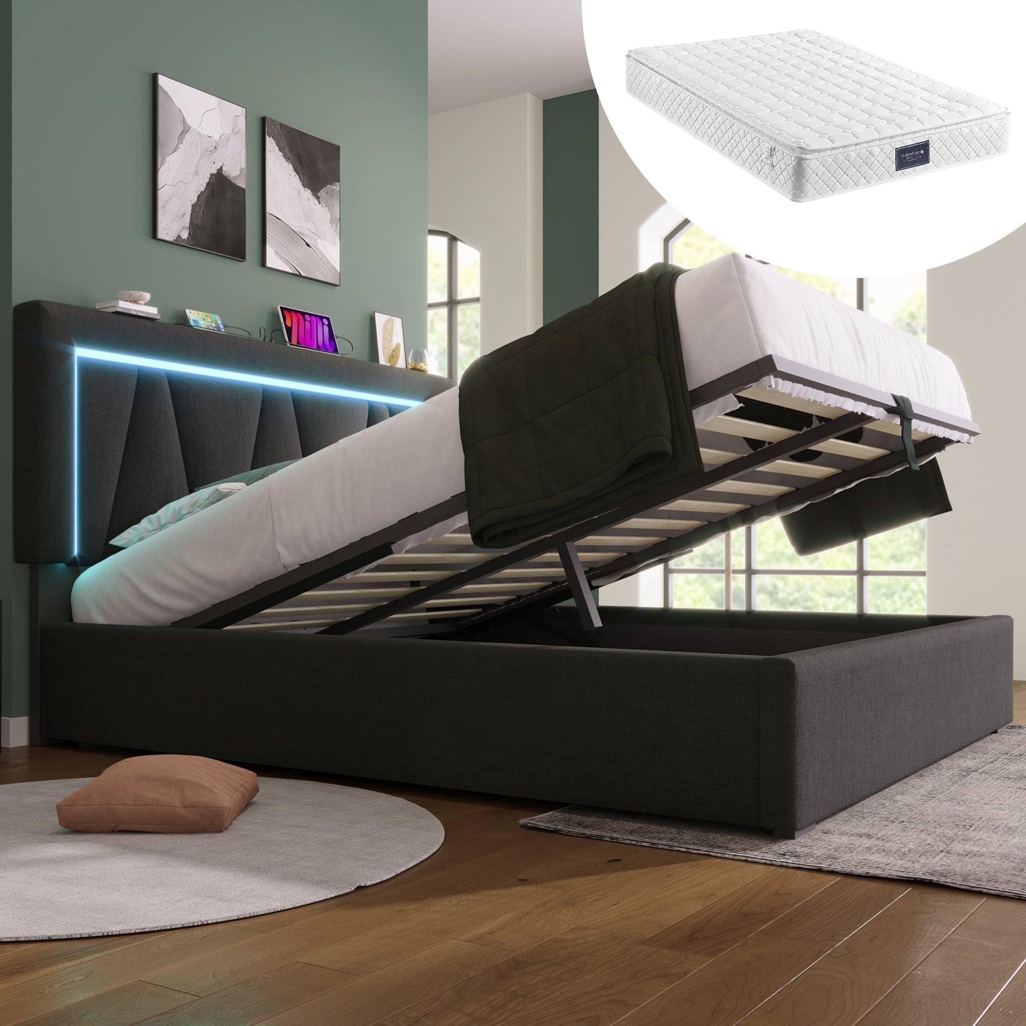 Upholstered Bed LED Double Bed with USB Type C, Storage, Linen