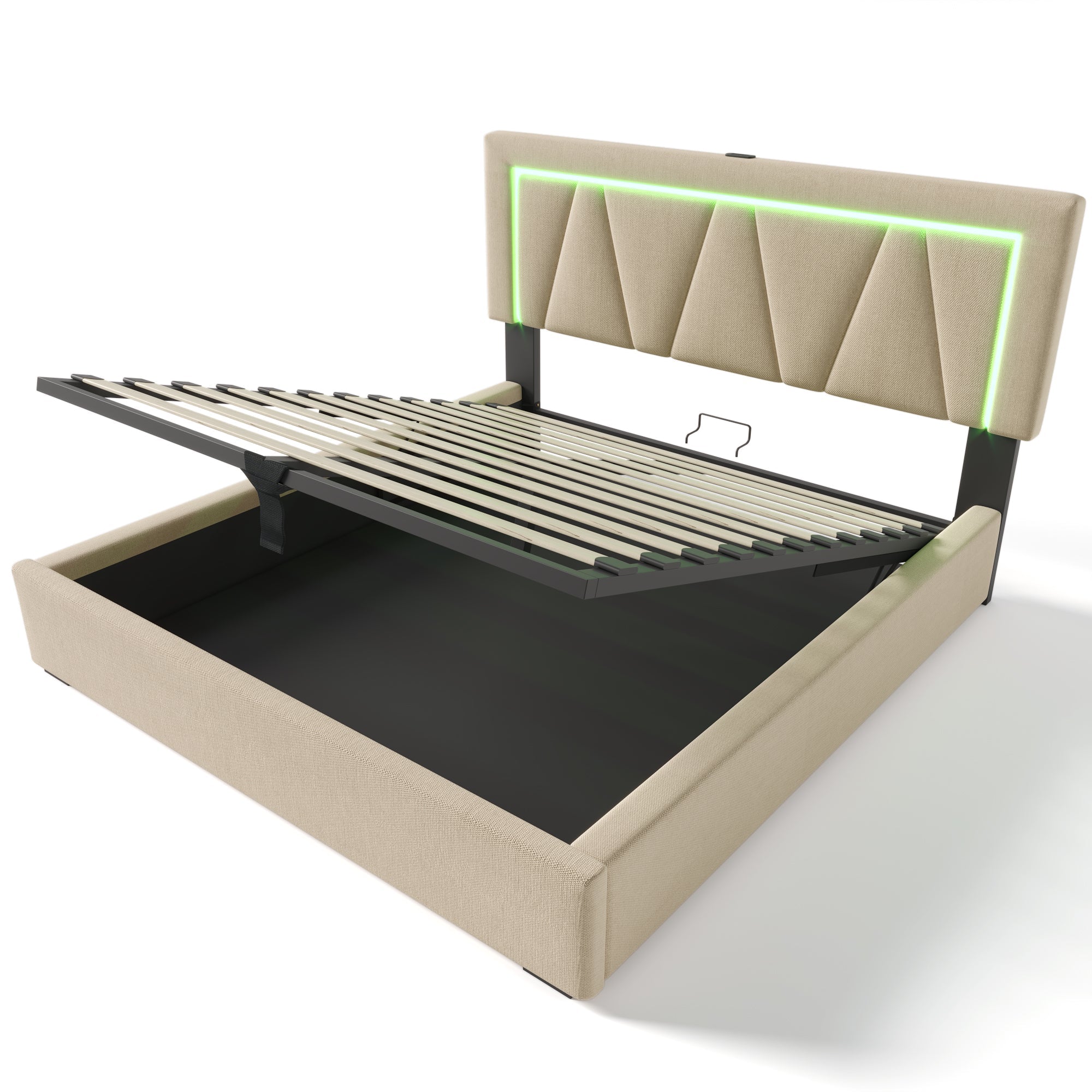 Upholstered Bed, LED Double Bed with USB Type C, 160x200, Linen