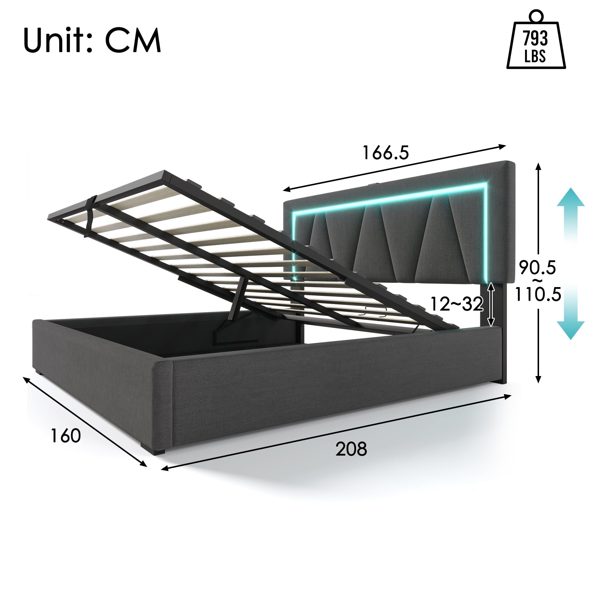 Upholstered Bed, Double LED with USB-C & Storage, Linen