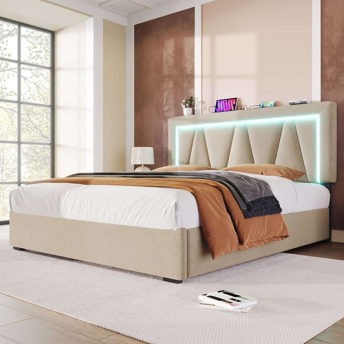 Upholstered Bed 160x200 LED USB-C Storage, Linen