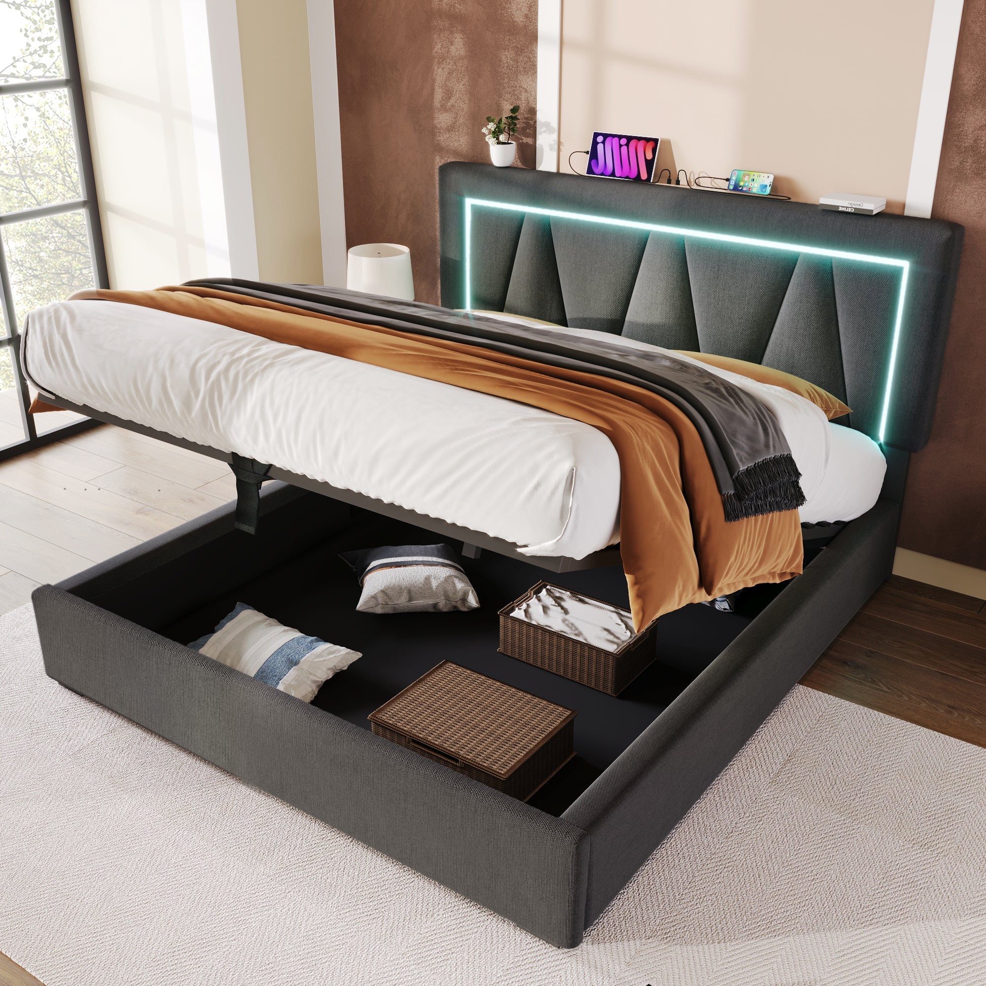 Upholstered Bed LED Double Bed with USB Type C, Storage, Linen
