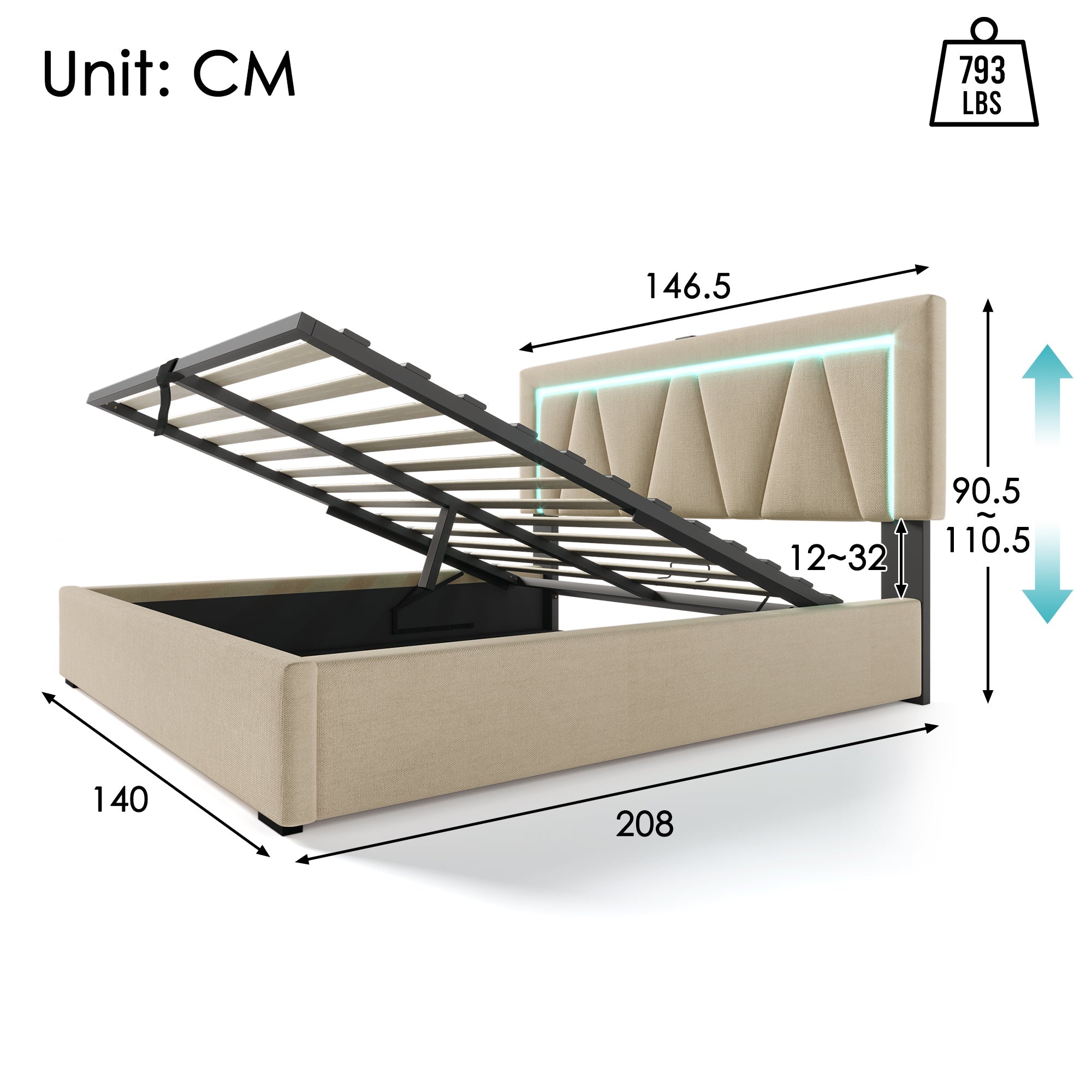 Upholstered Bed, LED Double with USB & Type C Charging, Linen