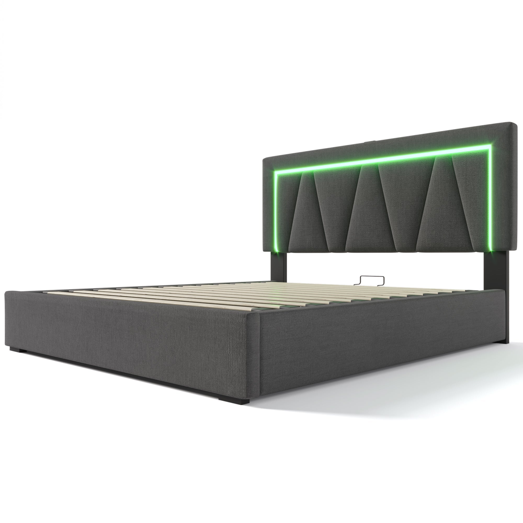 Upholstered Bed, Double LED with USB-C & Storage, Linen