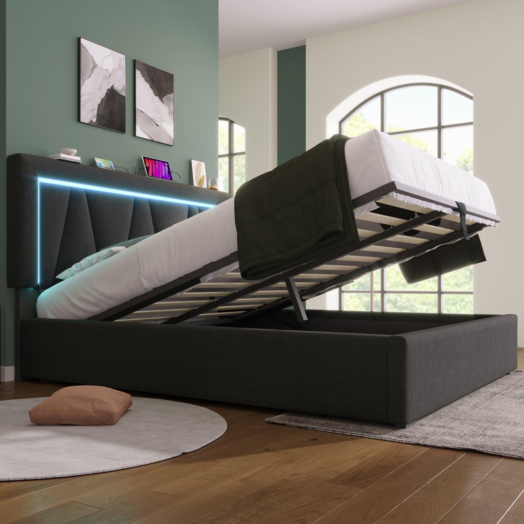 Upholstered Bed, Double LED with USB-C & Storage, Linen