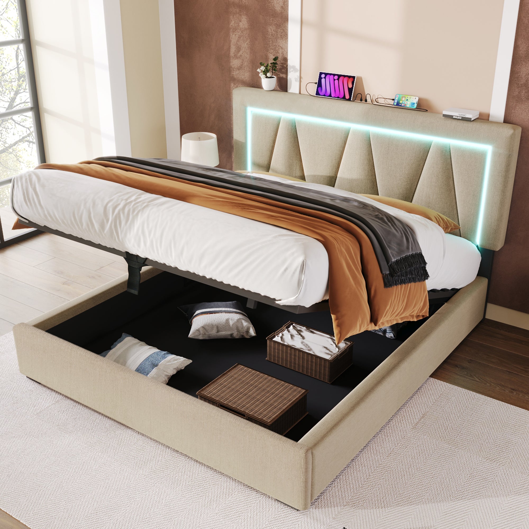 Upholstered Bed, LED Double Bed with USB Type C, 160x200, Linen