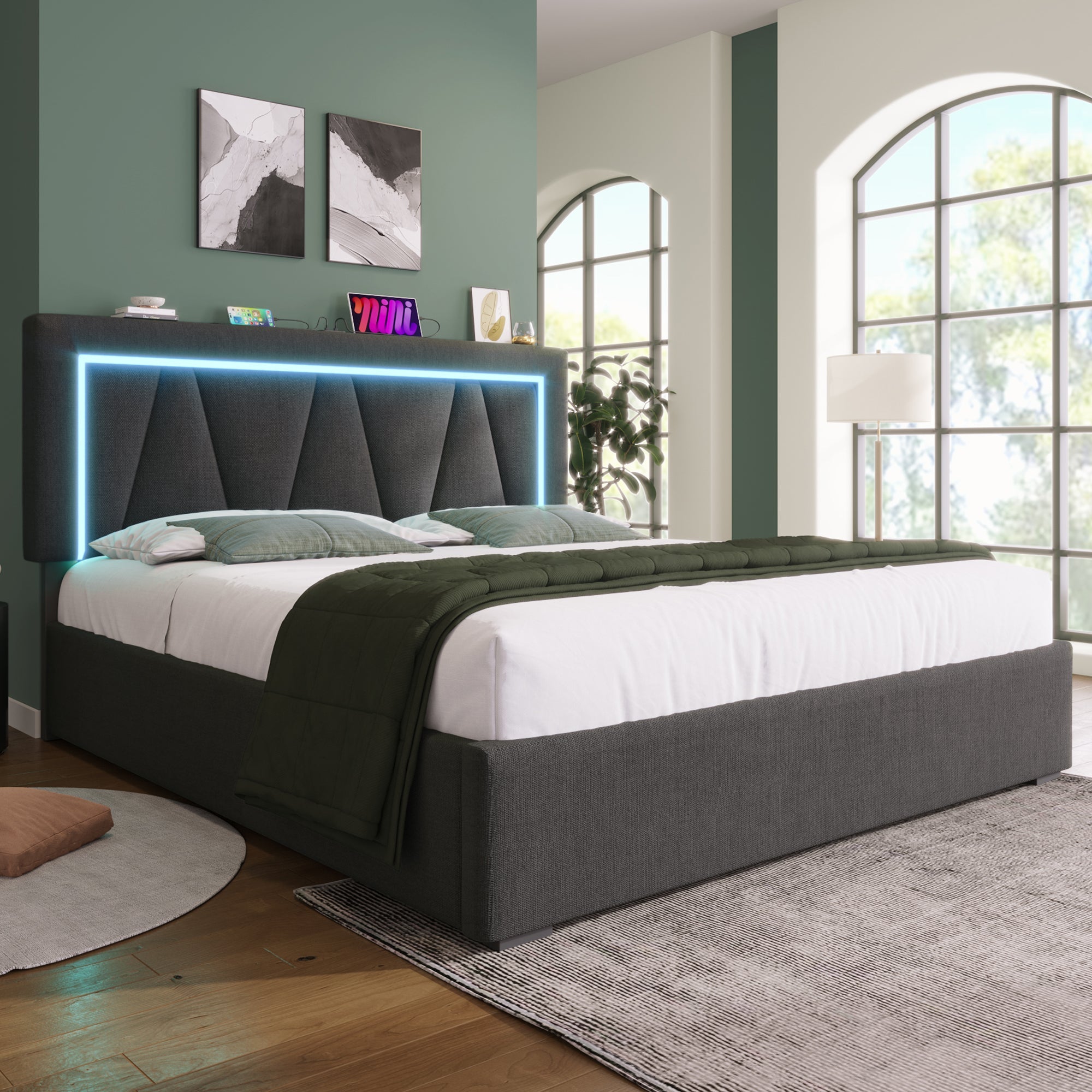 Upholstered LED Double Bed with USB Type C Charging and Storage, 160x200cm, Grey Linen