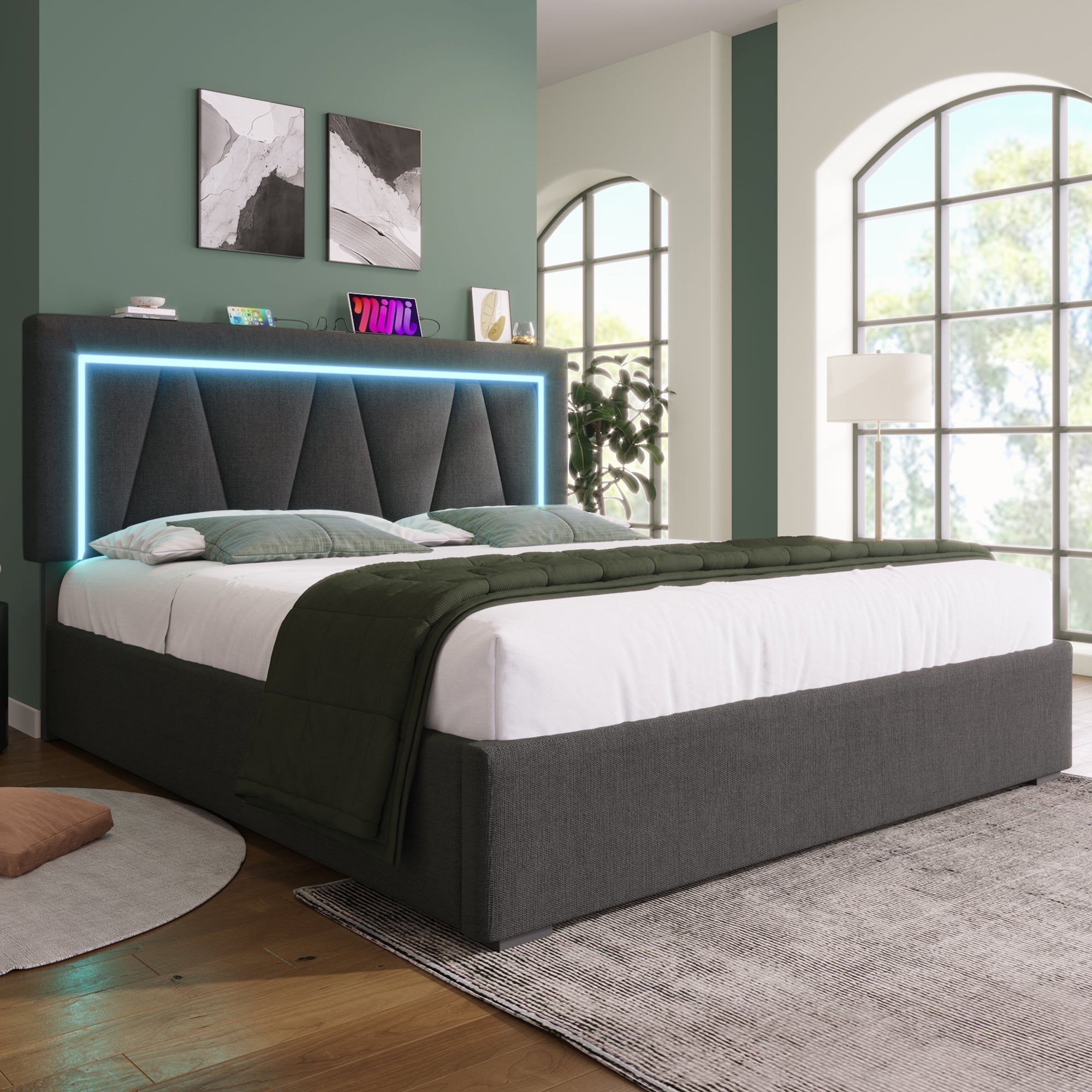 Upholstered Bed, Double LED with USB-C & Storage, Linen