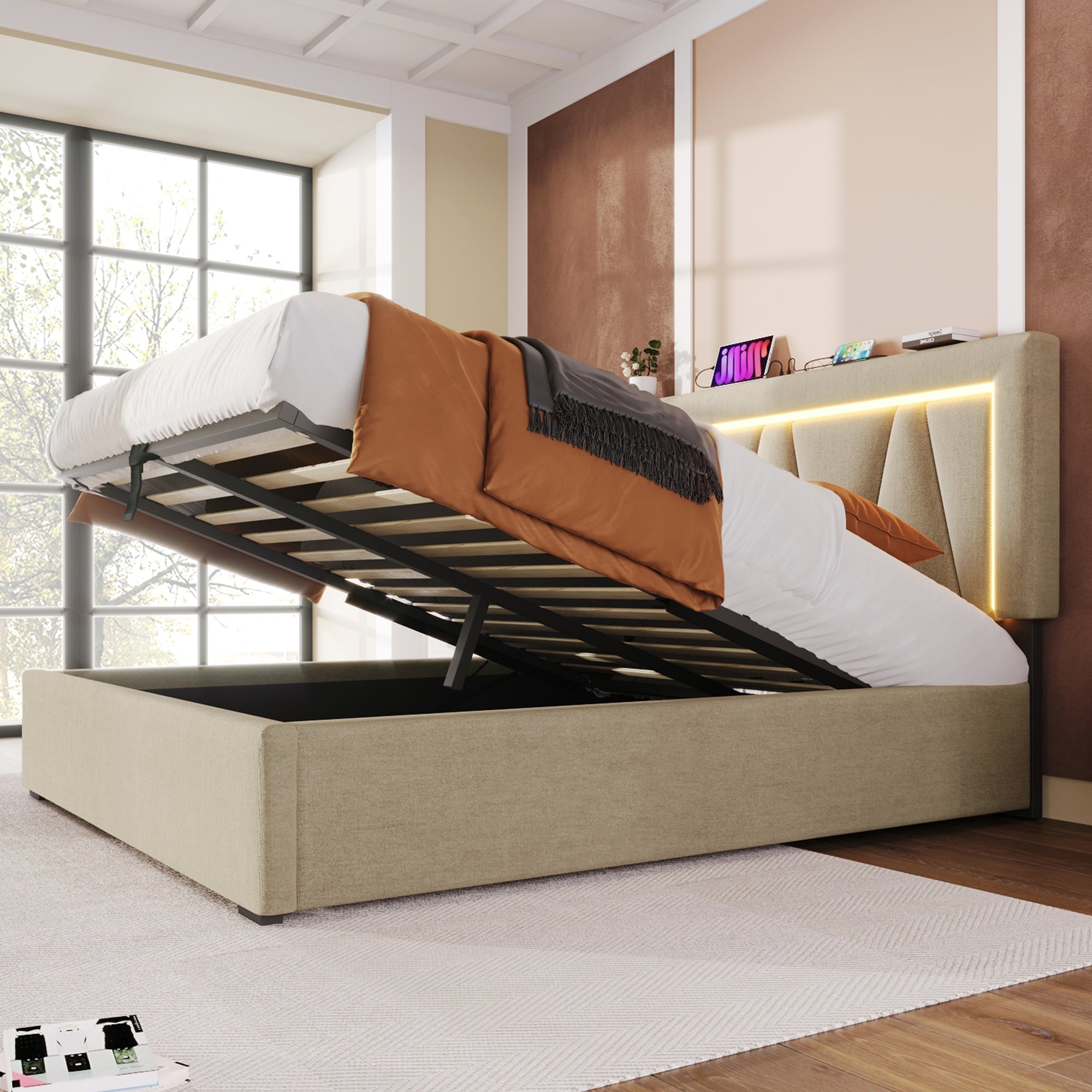 Upholstered Bed, LED Double with USB & Type C Charging, Linen