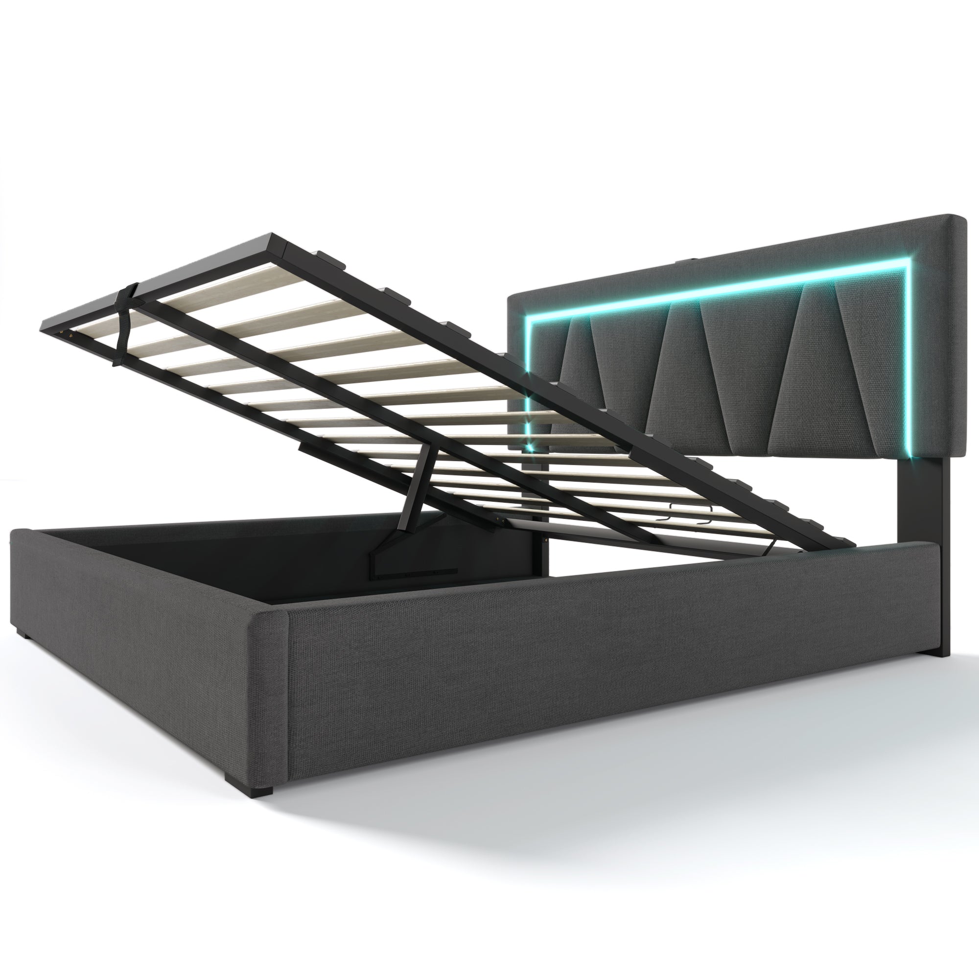 Upholstered Bed, LED Double with USB-C, Storage & Slatted Frame, Linen