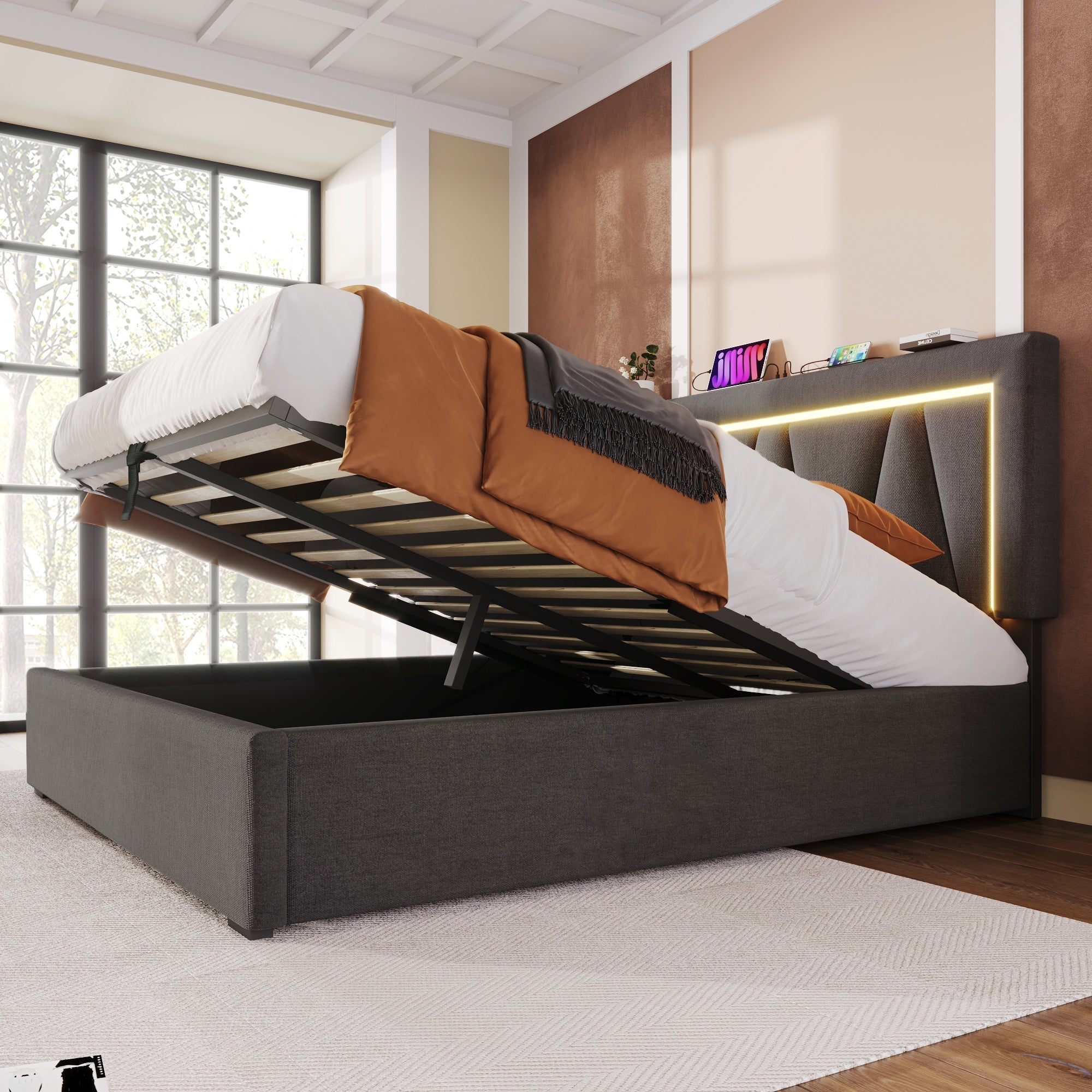 Upholstered Bed LED Double Bed with USB Type C, Storage, Linen
