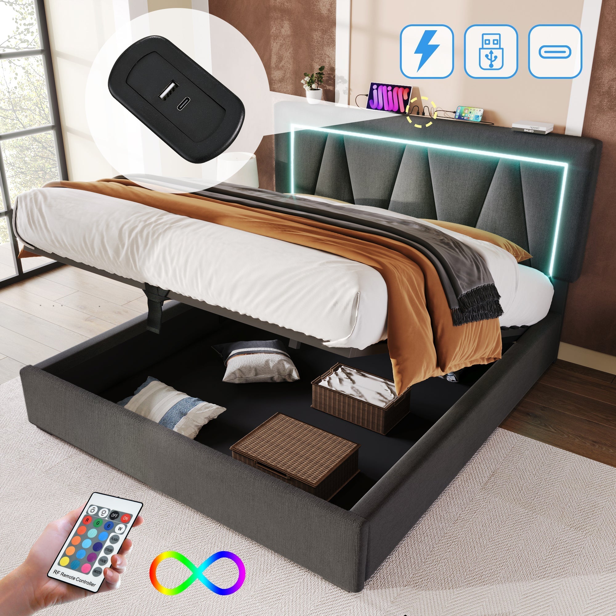 Upholstered Bed, Double LED with USB-C & Storage, Linen
