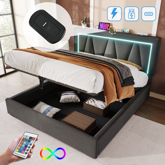 Upholstered Bed, Double LED with USB-C & Storage, Linen
