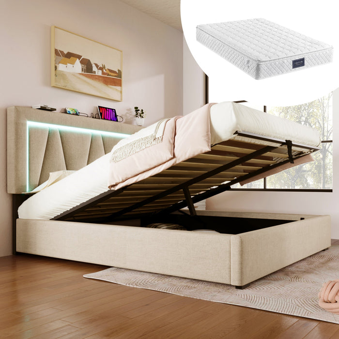 Upholstered Bed, LED Double Bed with USB Type C, 160x200, Linen