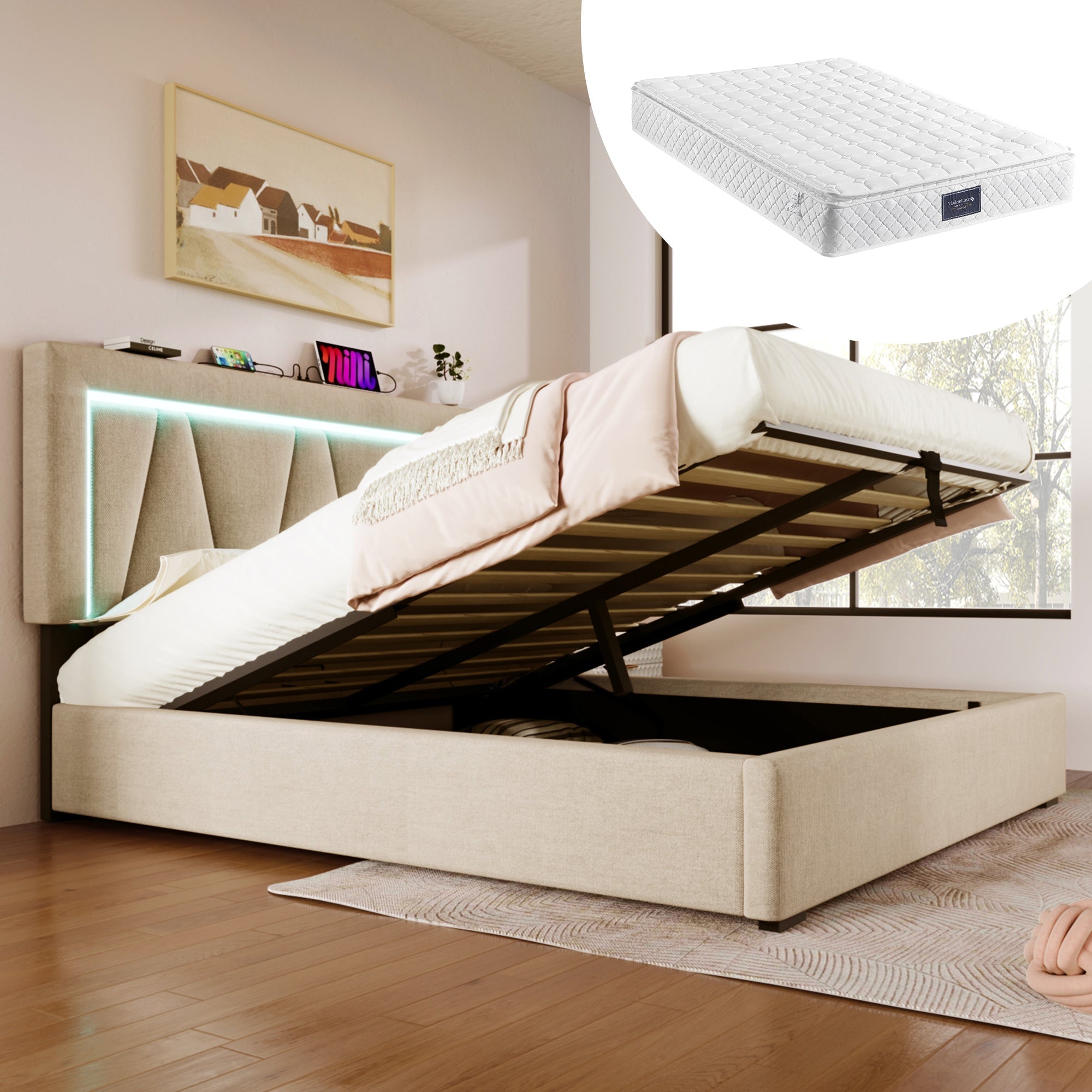 Upholstered Bed, 140x200 LED Double with USB-C Charging, Storage, Linen