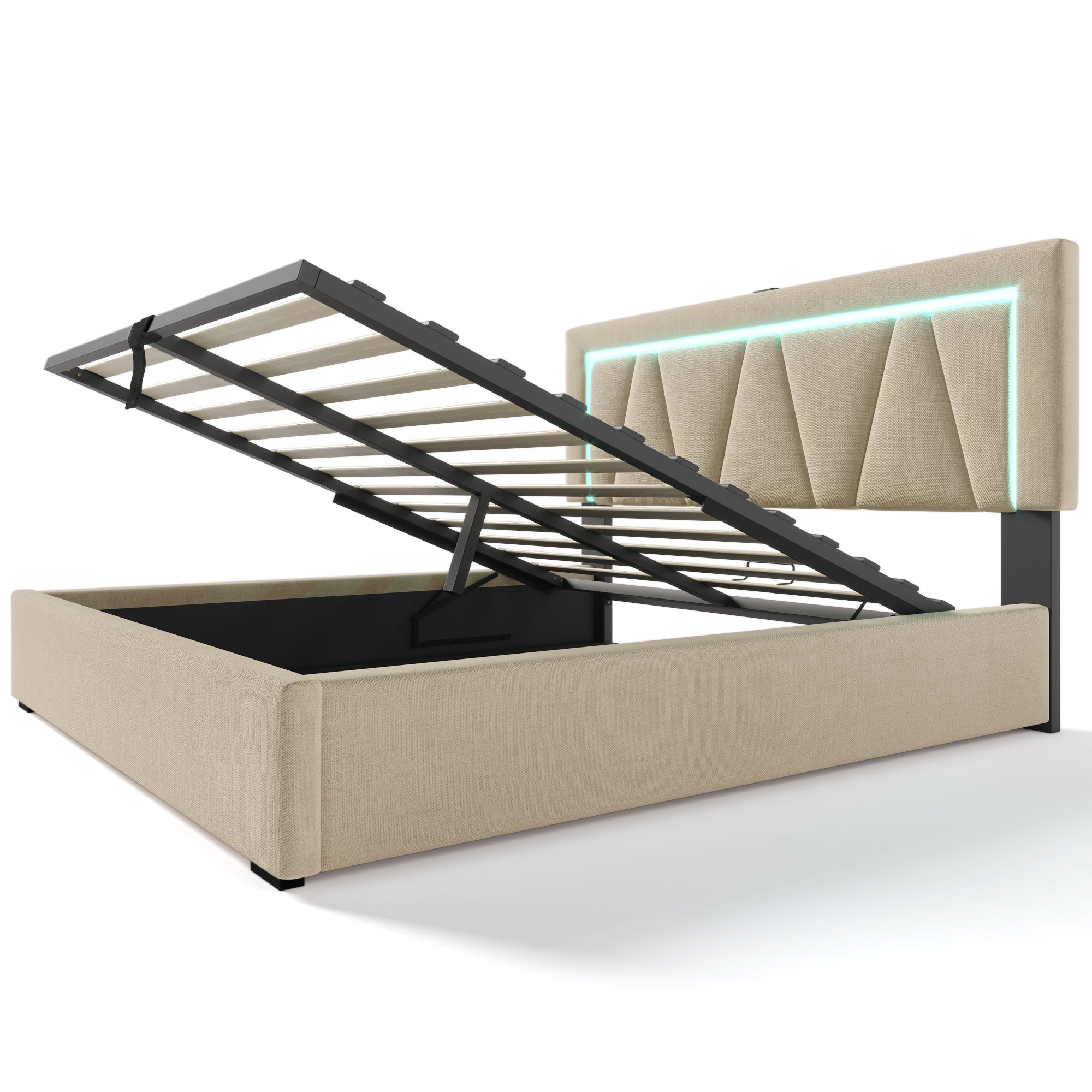 Upholstered Bed, LED Double with USB & Type C Charging, Linen