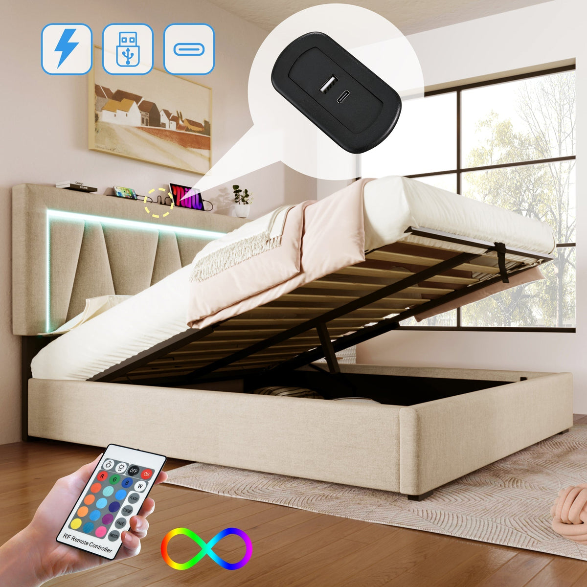Upholstered Bed 160x200 LED USB-C Storage, Linen