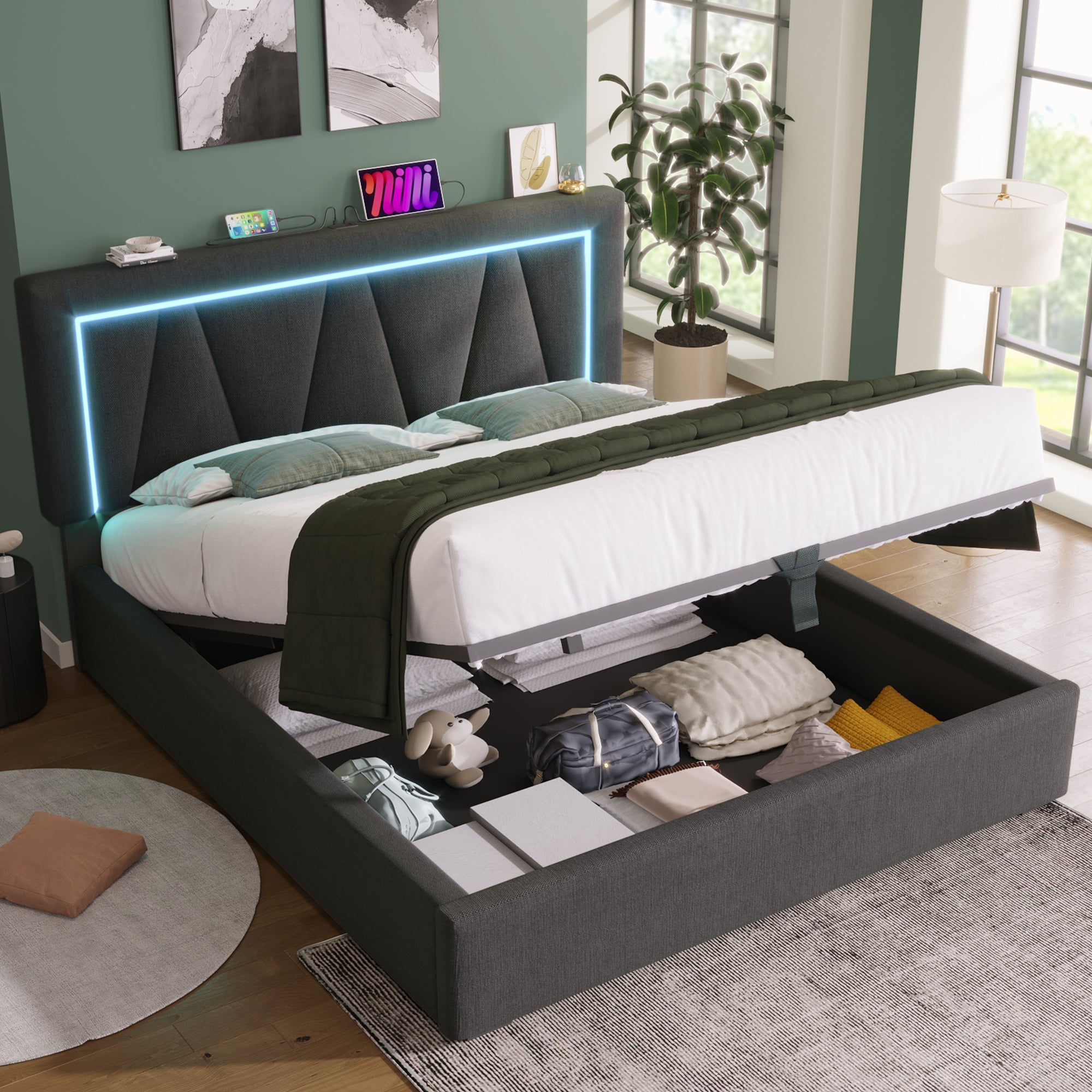 Upholstered LED Double Bed with USB Type C Charging and Storage, 160x200cm, Grey Linen