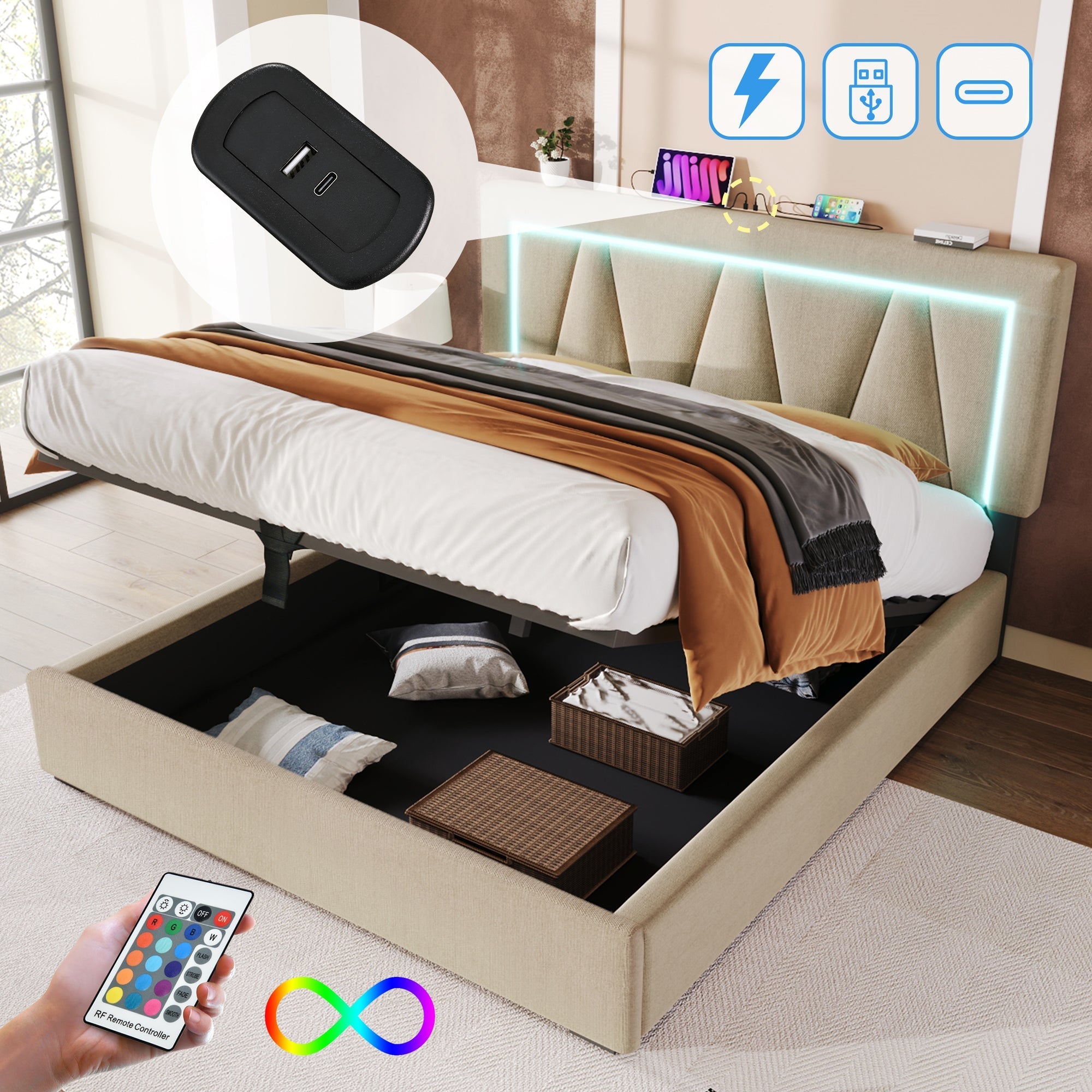 Upholstered Bed, 140x200 LED Double with USB-C Charging, Storage, Linen