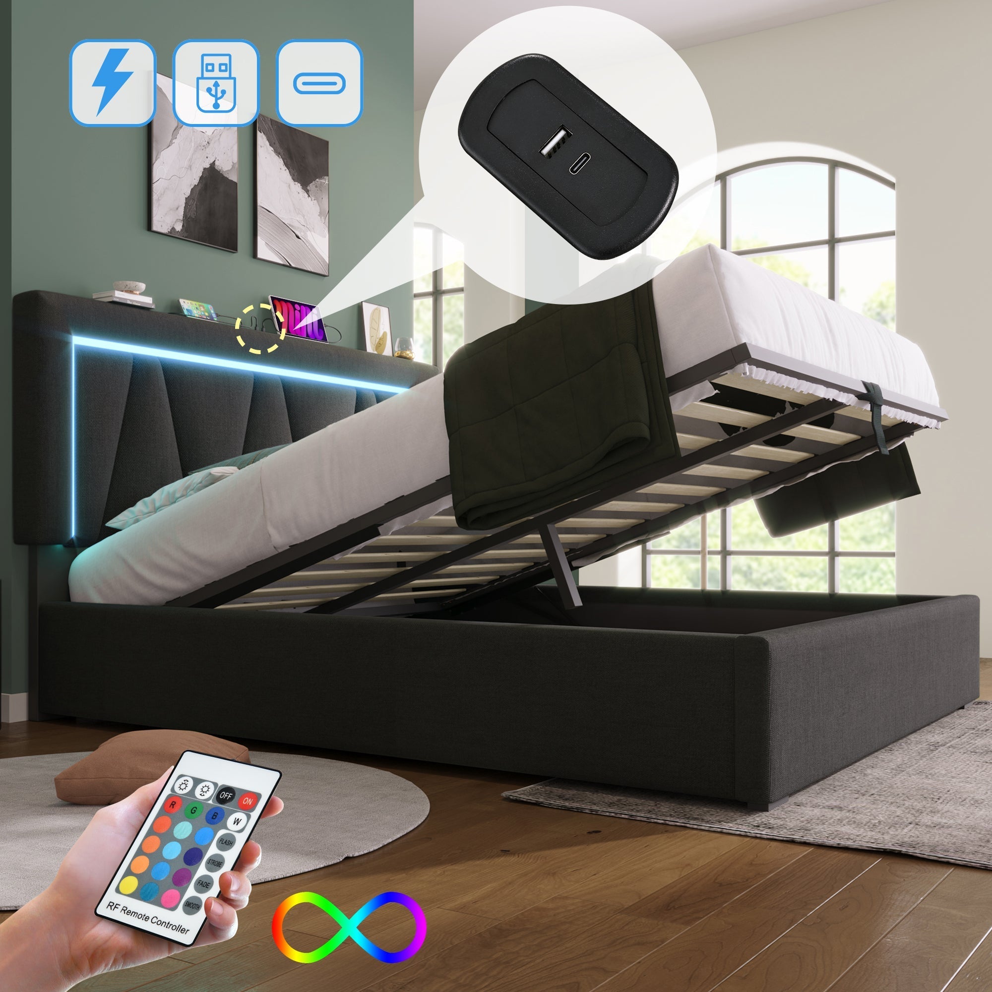 Upholstered Bed 140x200 LED USB-C Storage Slatted Base, Linen Material